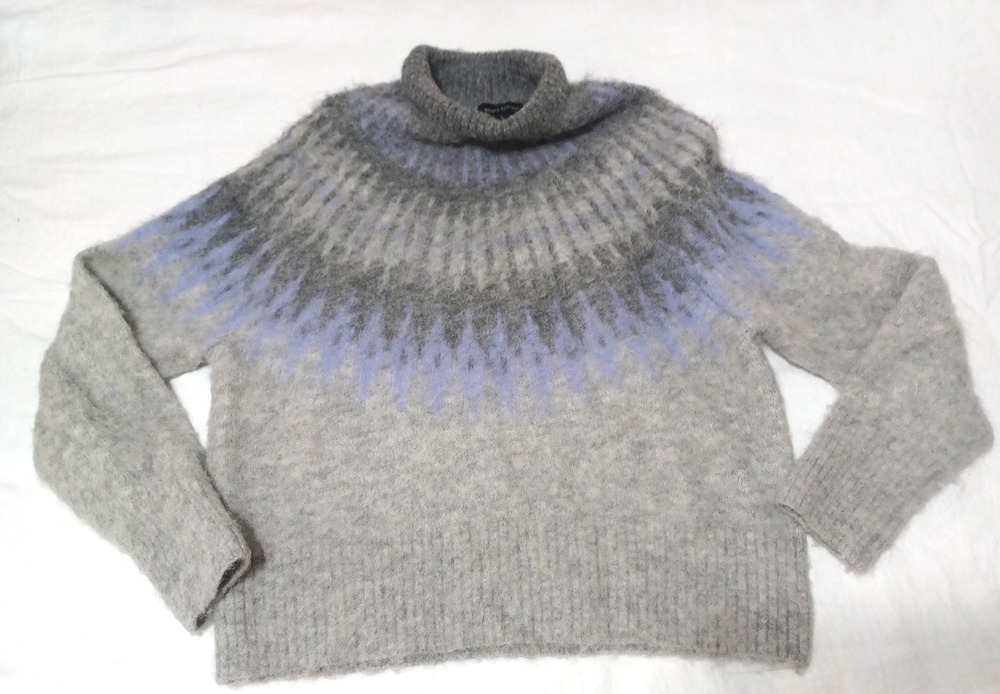 Banana Republic Women Fuzzy Gray Purple Fairisle Alpaca Blend Sweater Sz L